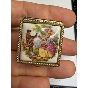 Vintage Fragonard Courting Scene Porcelain Pill Box Gold Tone Embossed Floral